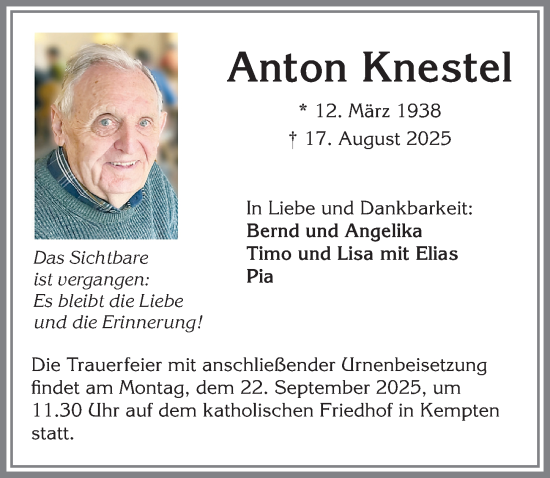 Traueranzeige von Anton Knestel von Allgäuer Zeitung,Kempten