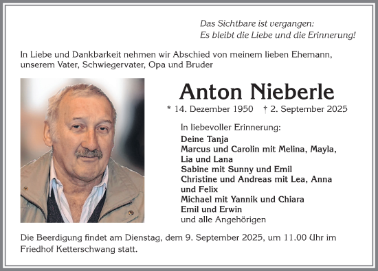 Traueranzeige von Anton Nieberle von Allgäuer Zeitung, Kaufbeuren/Buchloe