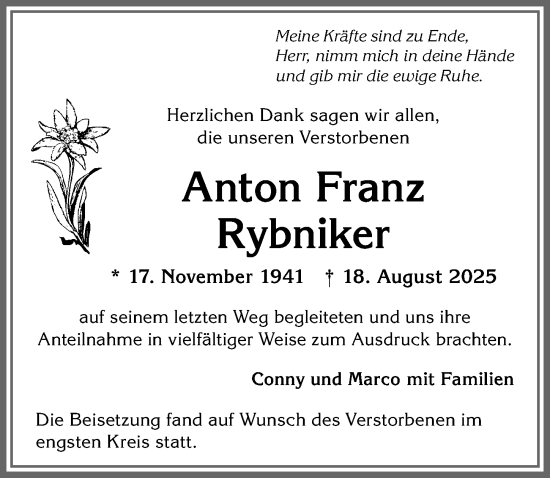 Traueranzeige von Anton Franz Rybniker von Allgäuer Anzeigeblatt