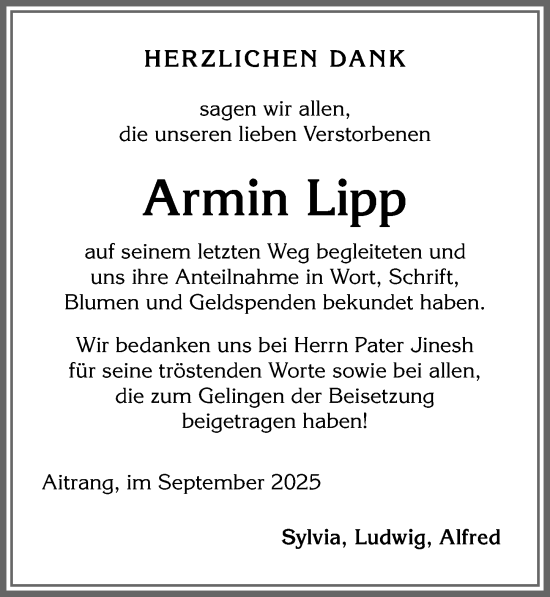 Traueranzeige von Armin Lipp von Allgäuer Zeitung, Marktoberdorf