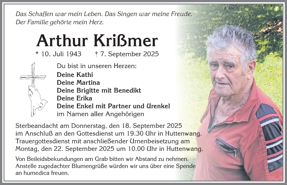  Traueranzeige für Arthur Krißmer vom 15.09.2025 aus Allgäuer Zeitung, Marktoberdorf