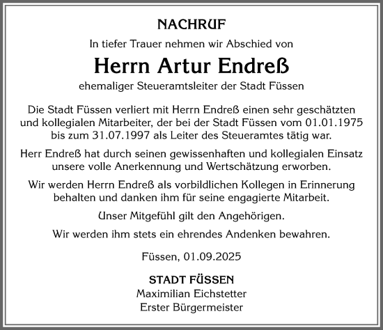 Traueranzeige von Artur Endreß von Allgäuer Zeitung, Füssen