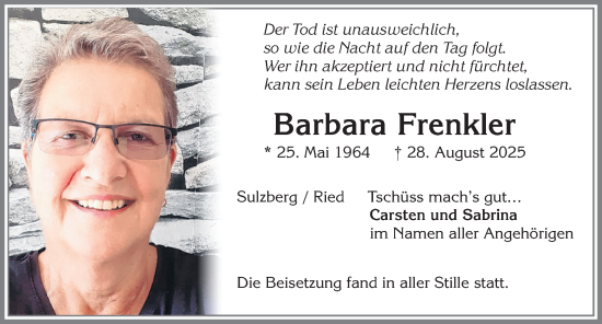 Traueranzeige von Barbara Frenkler von Allgäuer Zeitung,Kempten