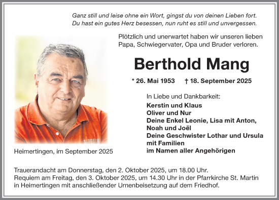 Traueranzeige von Berthold Mang von Memminger Zeitung