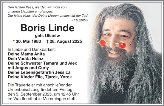 Traueranzeige von Boris Linde von Memminger Zeitung