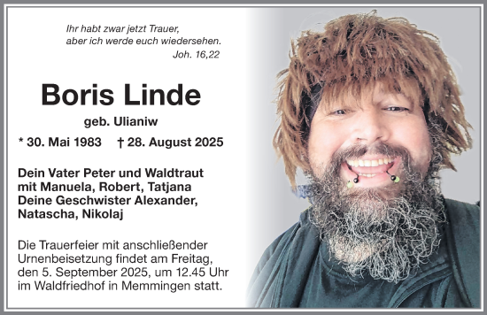 Traueranzeige von Boris Linde von Memminger Zeitung