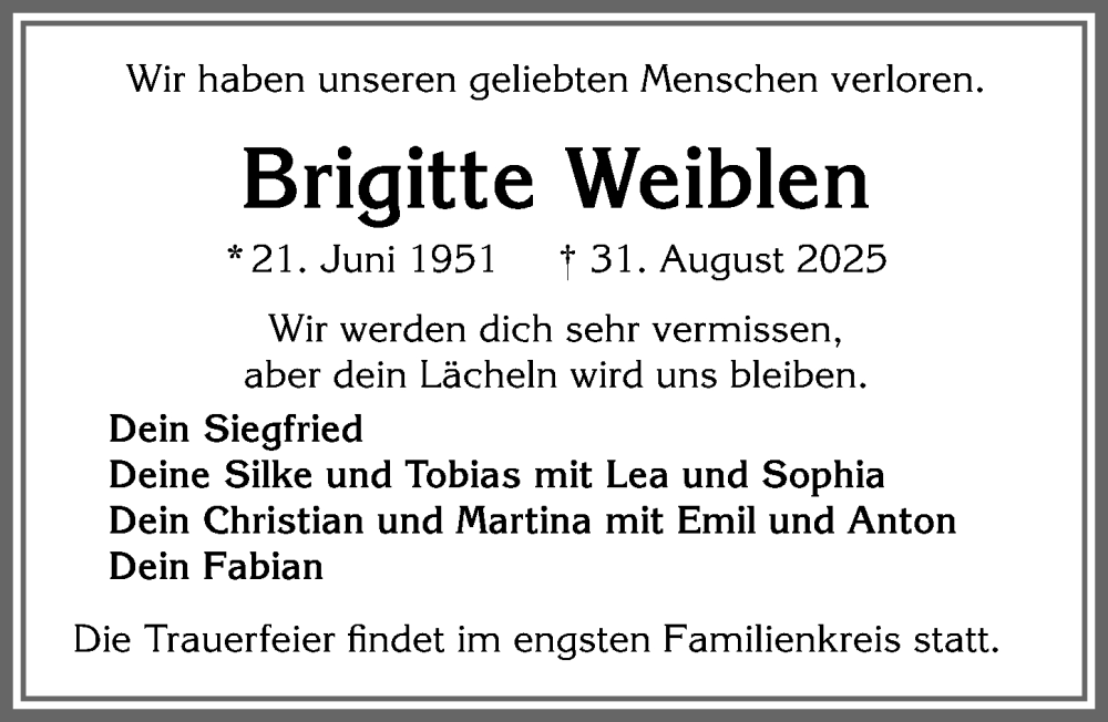  Traueranzeige für Brigitte Weiblen vom 13.09.2025 aus Allgäuer Zeitung,Kempten
