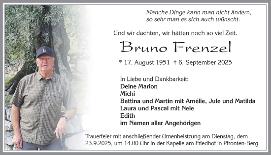 Traueranzeige von Bruno Frenzel von Allgäuer Zeitung, Füssen