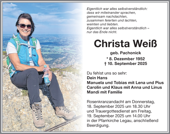 Traueranzeige von Christa Weiß von Memminger Zeitung