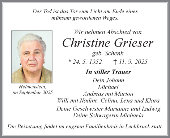 Traueranzeige von Christine Grieser von Allgäuer Zeitung, Füssen