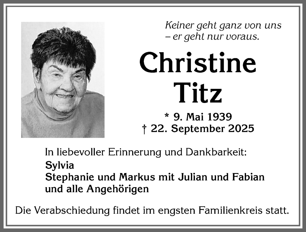  Traueranzeige für Christine Titz vom 27.09.2025 aus Allgäuer Zeitung, Kaufbeuren/Buchloe