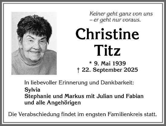 Traueranzeige von Christine Titz von Allgäuer Zeitung, Kaufbeuren/Buchloe