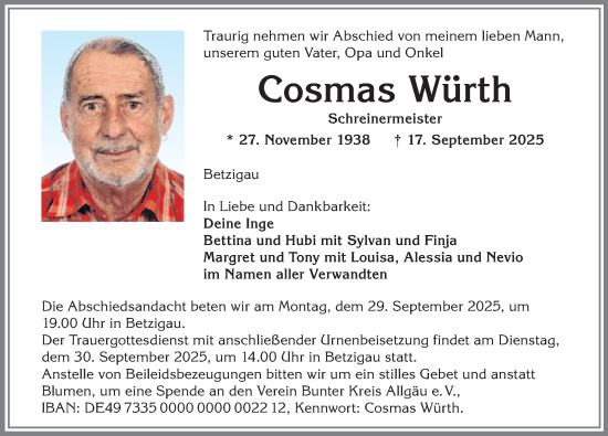 Traueranzeige von Cosmas Würth von Allgäuer Zeitung,Kempten