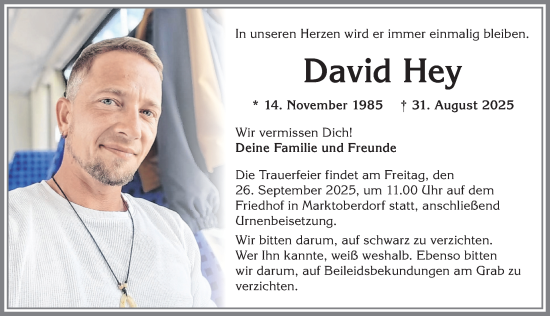 Traueranzeige von David Hey von Allgäuer Zeitung, Marktoberdorf