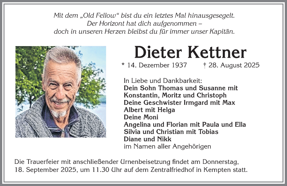  Traueranzeige für Dieter Kettner vom 13.09.2025 aus Allgäuer Zeitung,Kempten