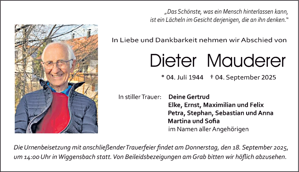  Traueranzeige für Dieter Mauderer vom 13.09.2025 aus Allgäuer Zeitung,Kempten