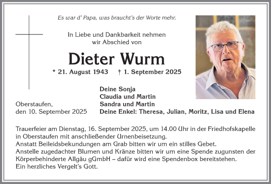 Traueranzeige von Dieter Wurm von Allgäuer Anzeigeblatt
