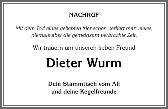 Traueranzeige von Dieter Wurm von Allgäuer Anzeigeblatt