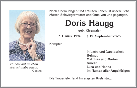 Traueranzeige von Doris Haugg von Allgäuer Zeitung,Kempten