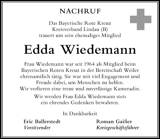 Traueranzeige von Edda Wiedemann von Der Westallgäuer