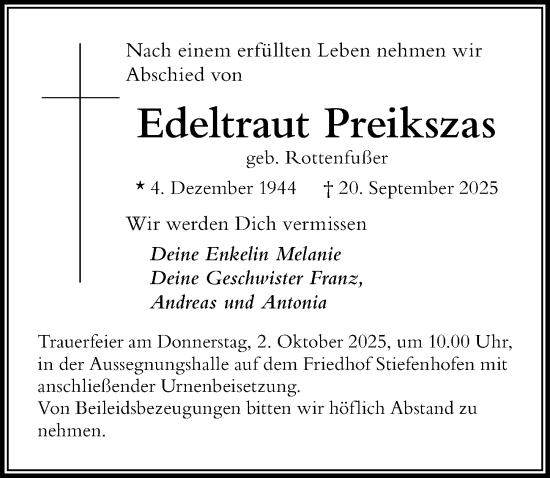 Traueranzeige von Edeltraut Preikszas von Der Westallgäuer