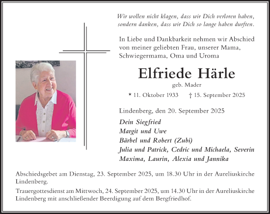 Traueranzeige von Elfriede Härle von Der Westallgäuer