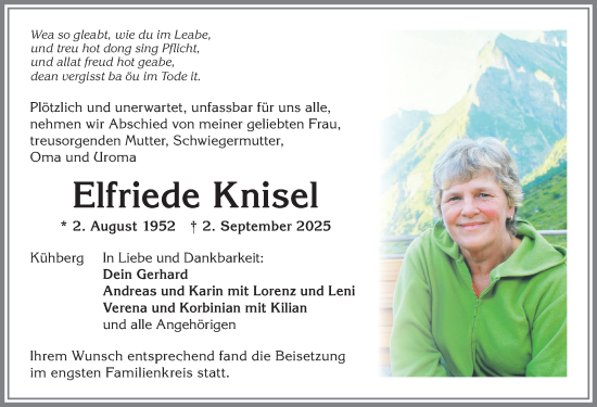 Traueranzeige von Elfriede Knisel von Allgäuer Anzeigeblatt