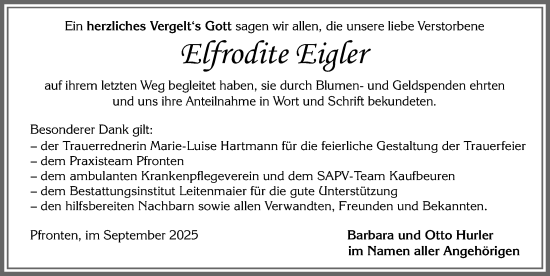 Traueranzeige von Elfrodite Eigler von Allgäuer Zeitung, Füssen