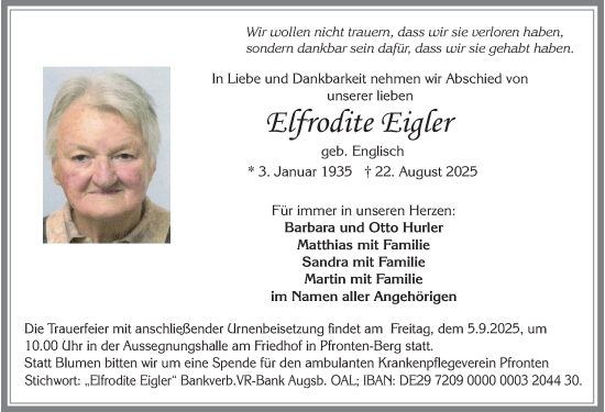 Traueranzeige von Elfrodite Eigler von Allgäuer Zeitung, Füssen