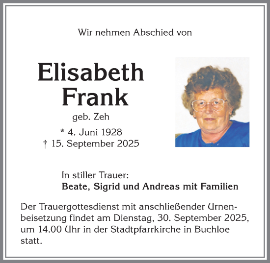 Traueranzeige von Elisabeth Frank von Allgäuer Zeitung, Kaufbeuren/Buchloe