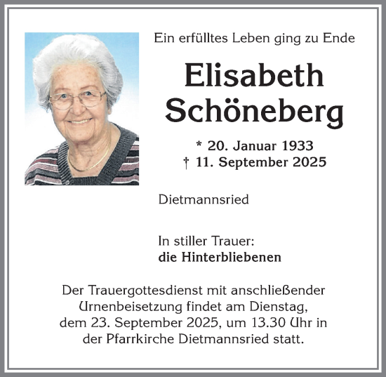 Traueranzeige von Elisabeth Schöneberg von Allgäuer Zeitung,Kempten
