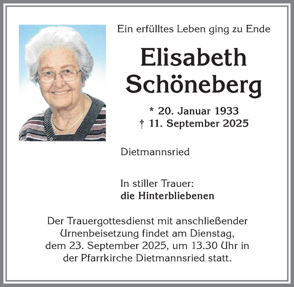  Traueranzeige für Elisabeth Schöneberg vom 20.09.2025 aus Allgäuer Zeitung,Kempten