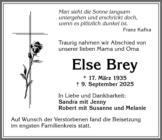 Traueranzeige von Else Brey von Allgäuer Zeitung,Kempten