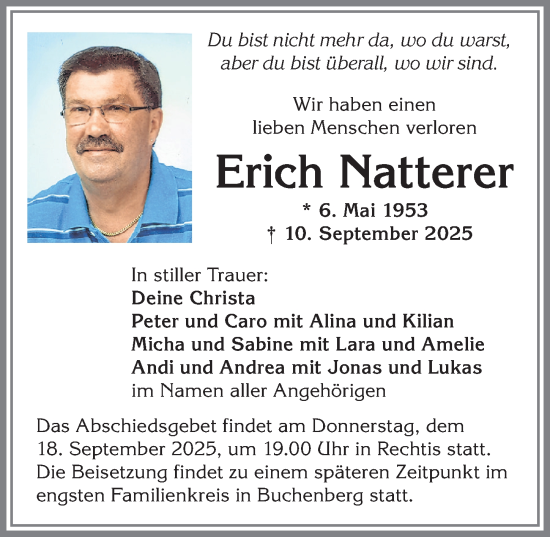 Traueranzeige von Erich Natterer von Allgäuer Zeitung,Kempten