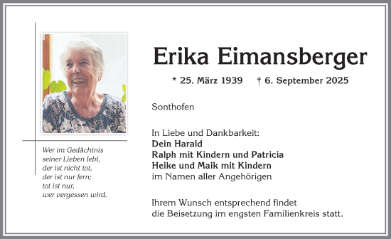 Traueranzeige von Erika Eimansberger von Allgäuer Anzeigeblatt