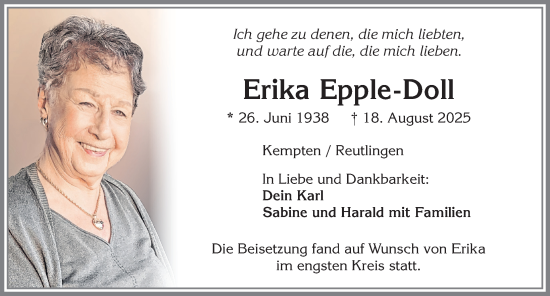 Traueranzeige von Erika Epple-Doll von Allgäuer Zeitung,Kempten