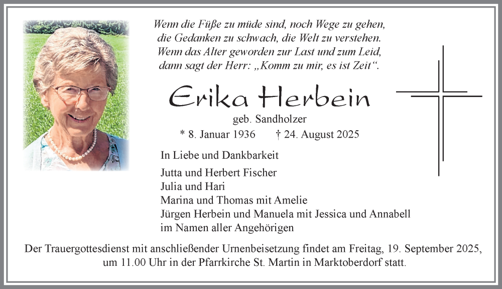  Traueranzeige für Erika Herbein vom 13.09.2025 aus Allgäuer Zeitung, Marktoberdorf