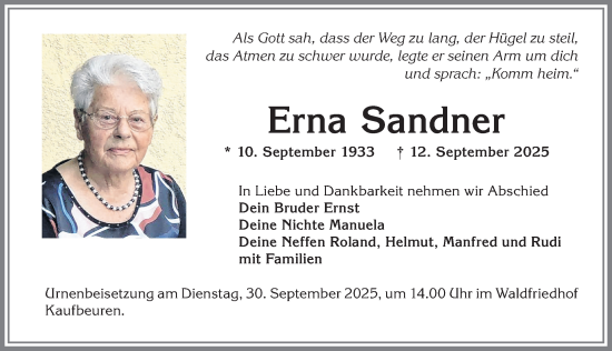Traueranzeige von Erna Sandner von Allgäuer Zeitung, Kaufbeuren/Buchloe
