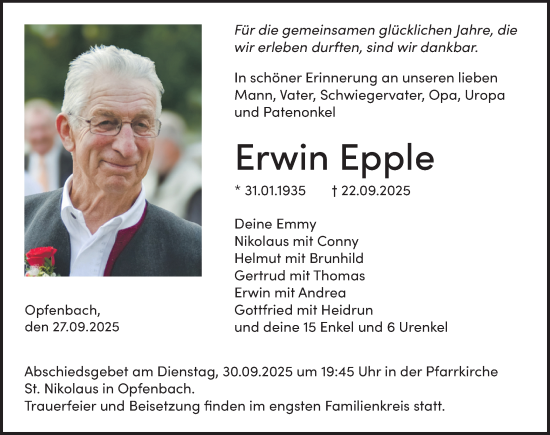 Traueranzeige von Erwin Epple von Der Westallgäuer
