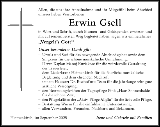 Traueranzeige von Erwin Gsell von Der Westallgäuer
