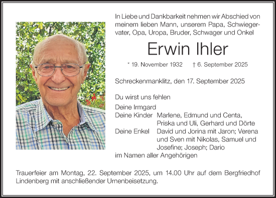 Traueranzeige von Erwin Ihler von Der Westallgäuer