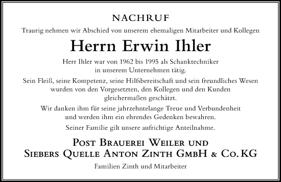 Traueranzeige von Erwin Ihler von Der Westallgäuer
