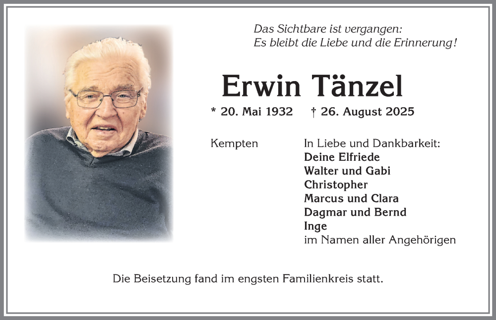  Traueranzeige für Erwin Tänzel vom 20.09.2025 aus Allgäuer Zeitung,Kempten