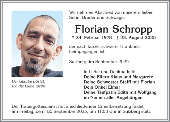 Traueranzeige von Florian Schropp von Allgäuer Zeitung,Kempten