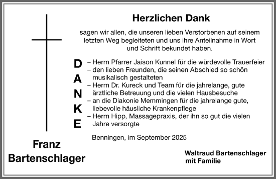 Traueranzeige von Franz Bartenschlager von Memminger Zeitung