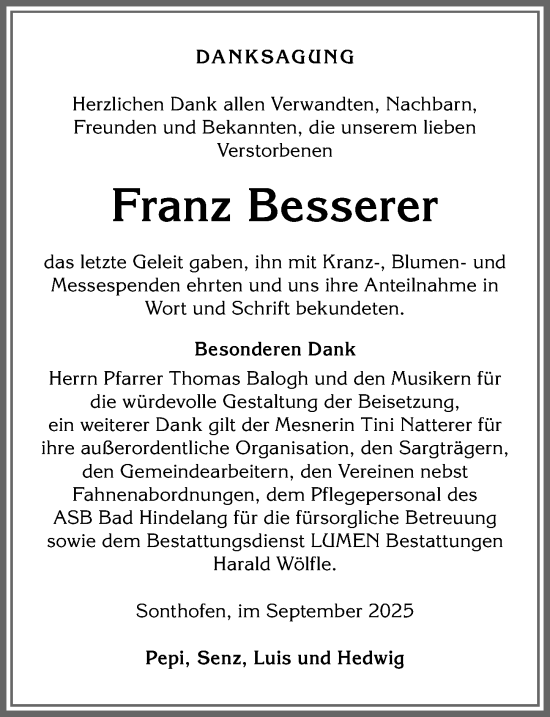Traueranzeige von Franz Besserer von Allgäuer Anzeigeblatt