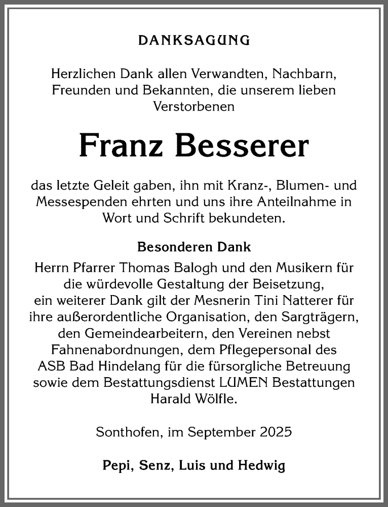  Traueranzeige für Franz Besserer vom 20.09.2025 aus Allgäuer Anzeigeblatt