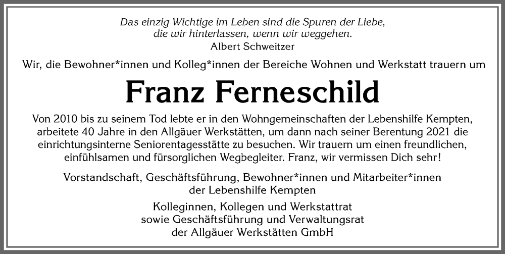  Traueranzeige für Franz Ferneschild vom 08.09.2025 aus Allgäuer Zeitung,Kempten