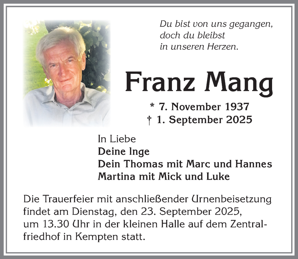  Traueranzeige für Franz Mang vom 18.09.2025 aus Allgäuer Zeitung,Kempten