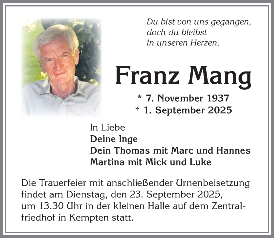Traueranzeige von Franz Mang von Allgäuer Zeitung,Kempten